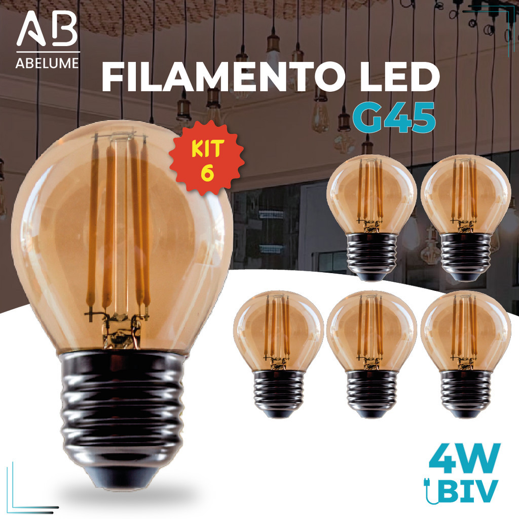 Kit 6 Lâmpada Filamento LED G45 4W E27 LUZ QUENTE (AMARELO) Âmbar Retrô Vintage 110V~220V | Bivolt em Oferta na Shopee