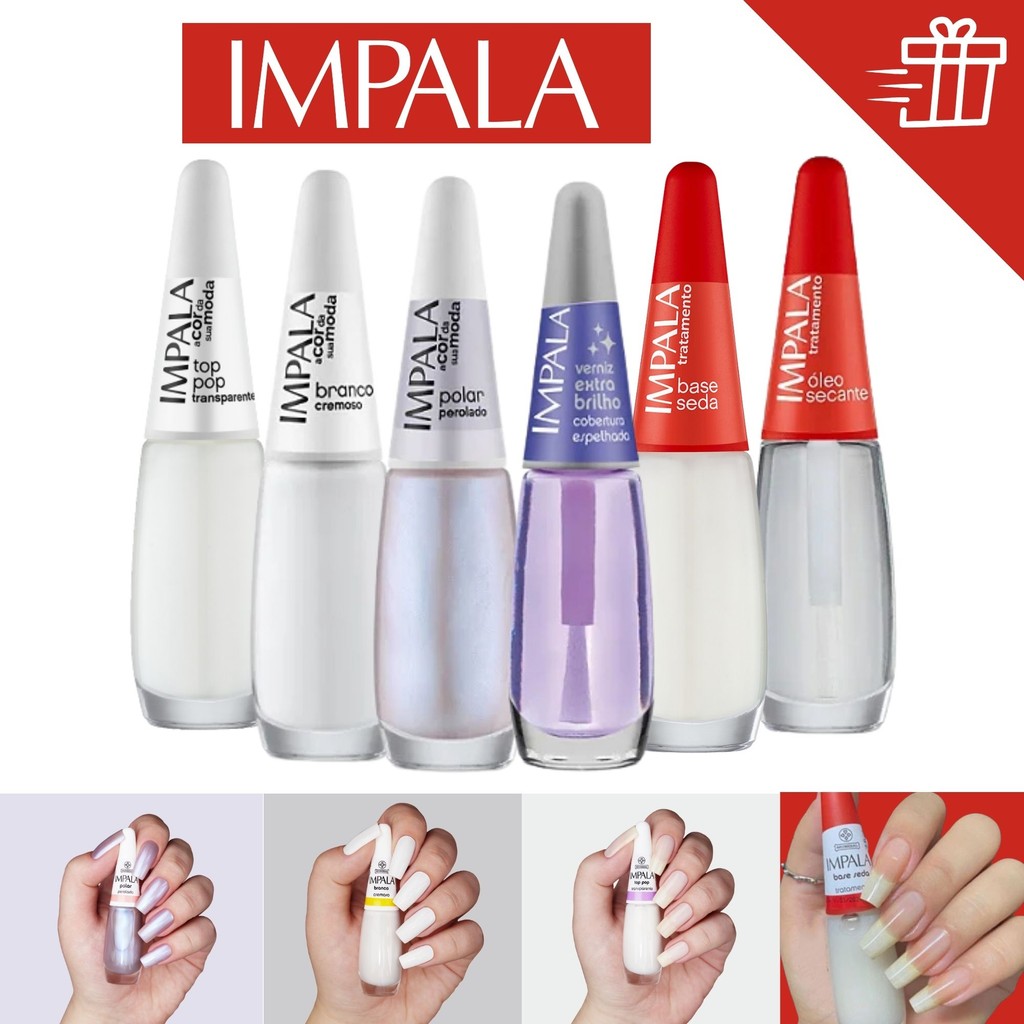 Kit 6 Esmalte Impala Atacado Francesinha Brancos Extra Brilho Base Secante Kit de Unha