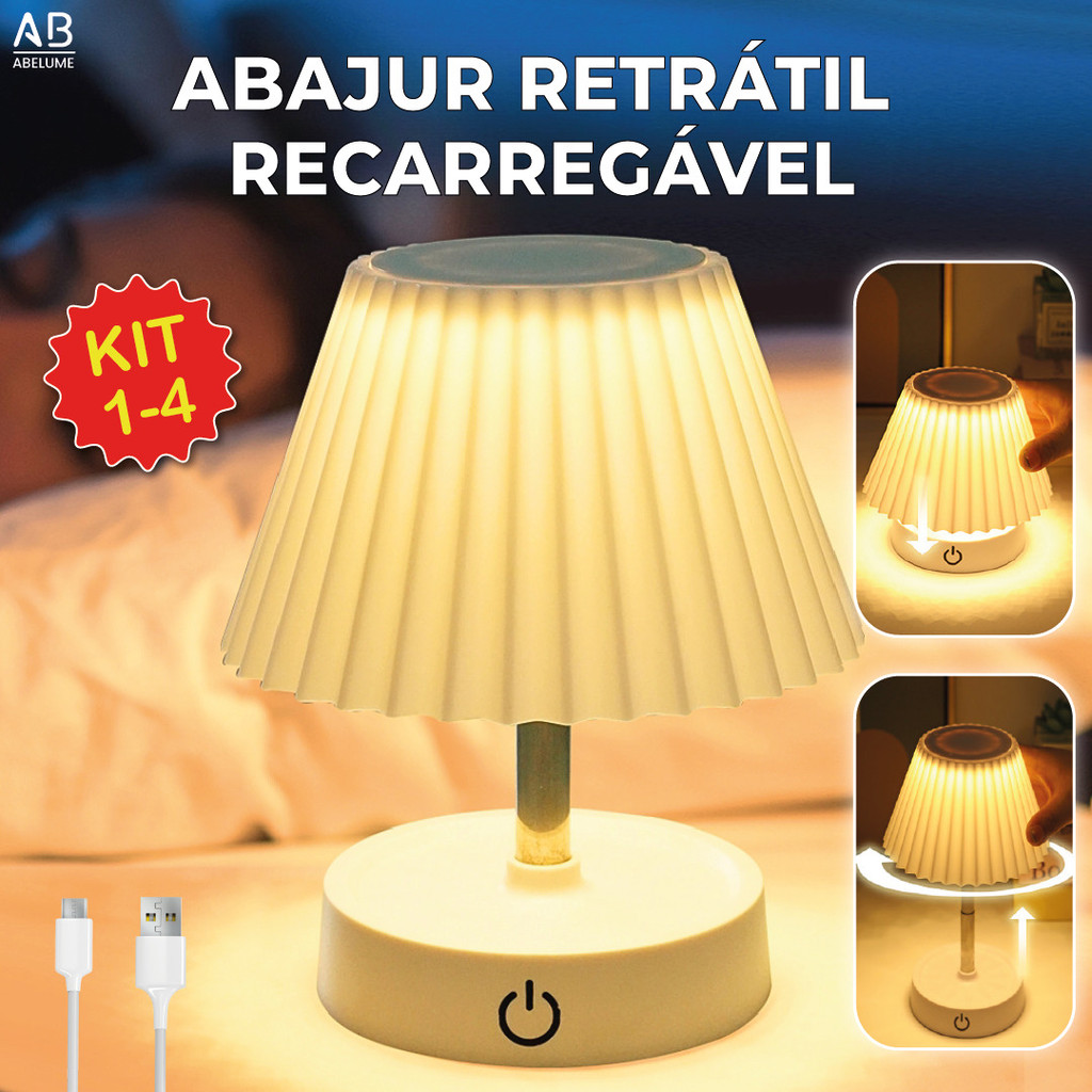 Kit 4 Luminária de Mesa Abajur LED Recarregável Retrátil de Aço Luz Neutra Ajustável 3 Tons USB - Home & Living