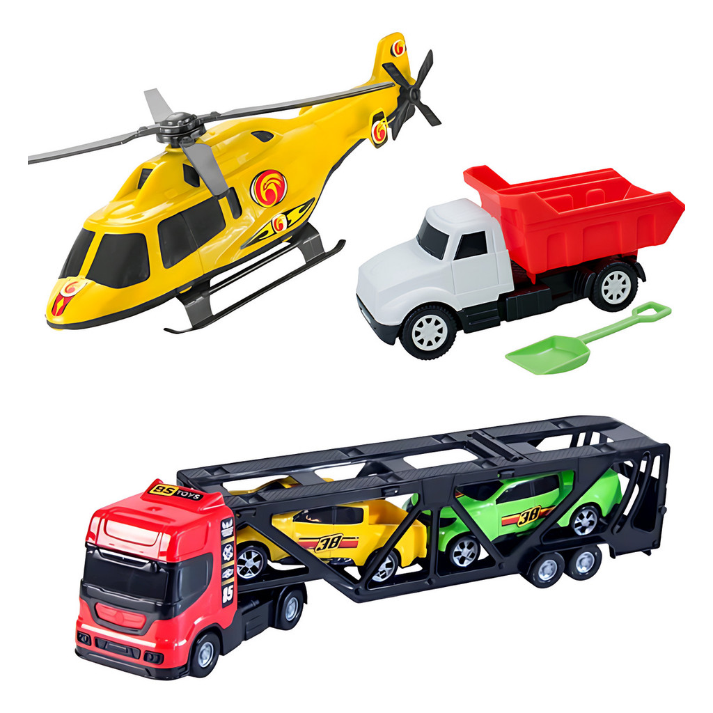Kit Brinquedo Carrinho Caminhão Carreta Cegonha Helicóptero  Carrinhos Brinquedo Infantil