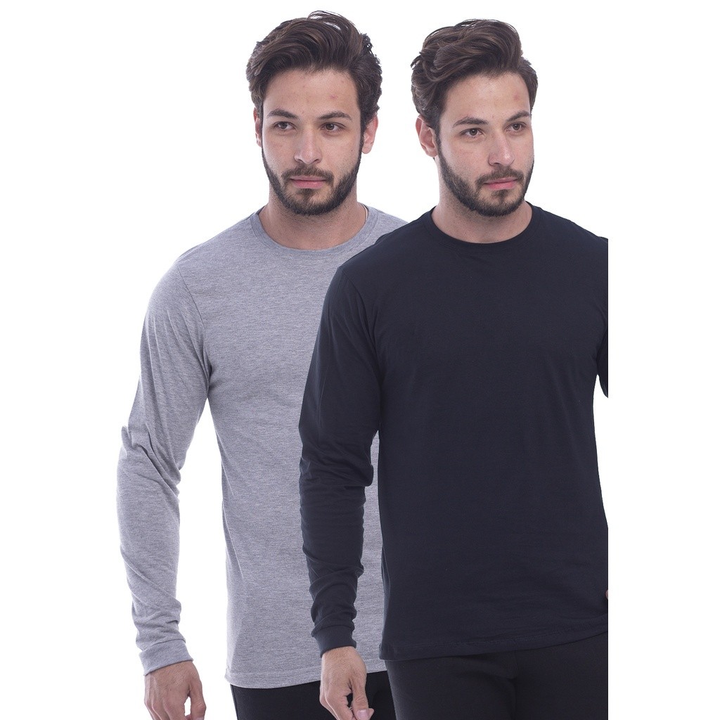 Kit 2 Camisetas Masculina Algodão Adulto Camisa Manga Longa Básica Preta e Cinza Lisa Tech Malhas