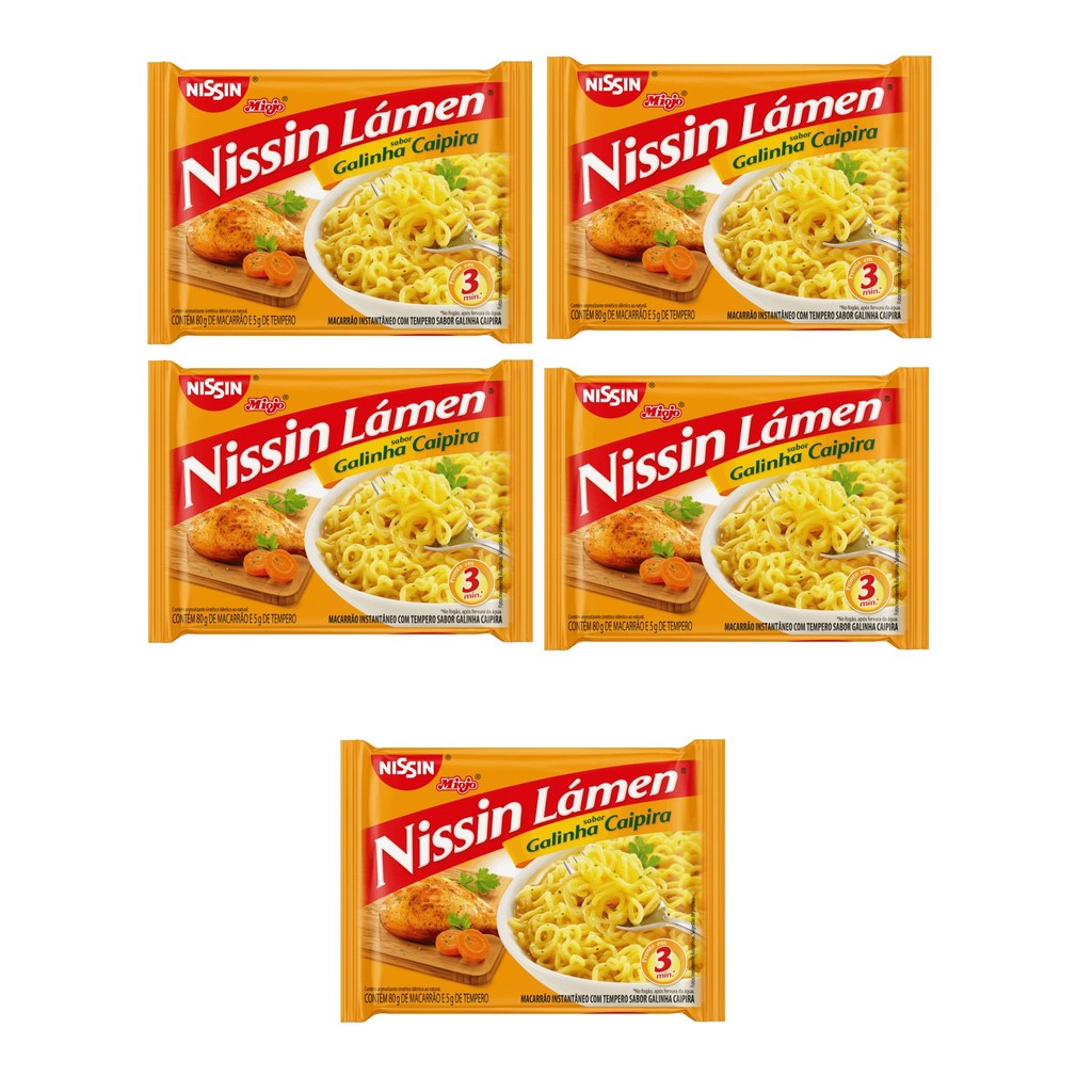 Kit 05 pcts Macarrão Instantâneo Lámen Galinha Caipira Nissin Miojo 85g cada