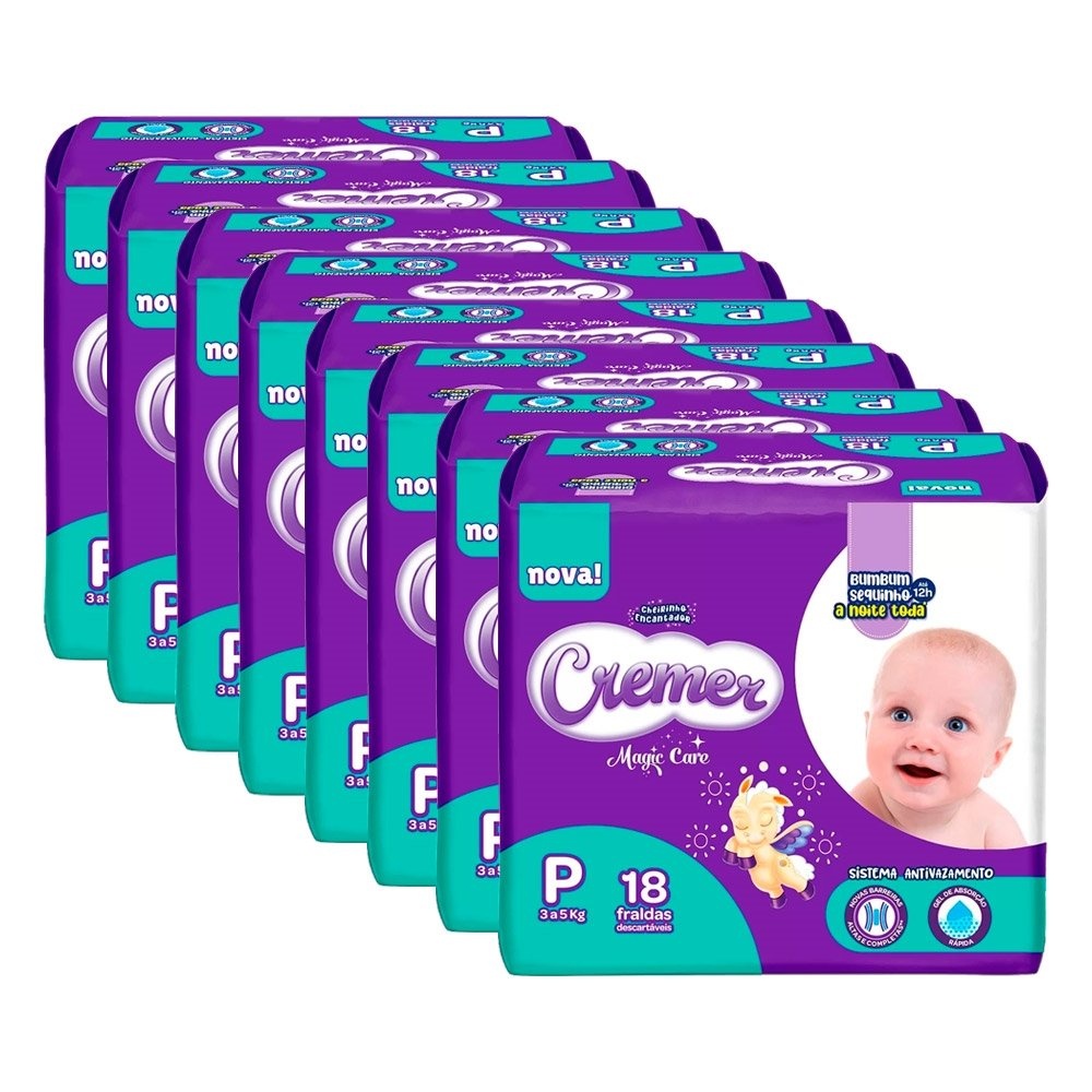 Fralda Descartável Cremer Disney Magic Care Tamanho P - 8 Pacotes com 18 Fraldas - Total 144 Tiras