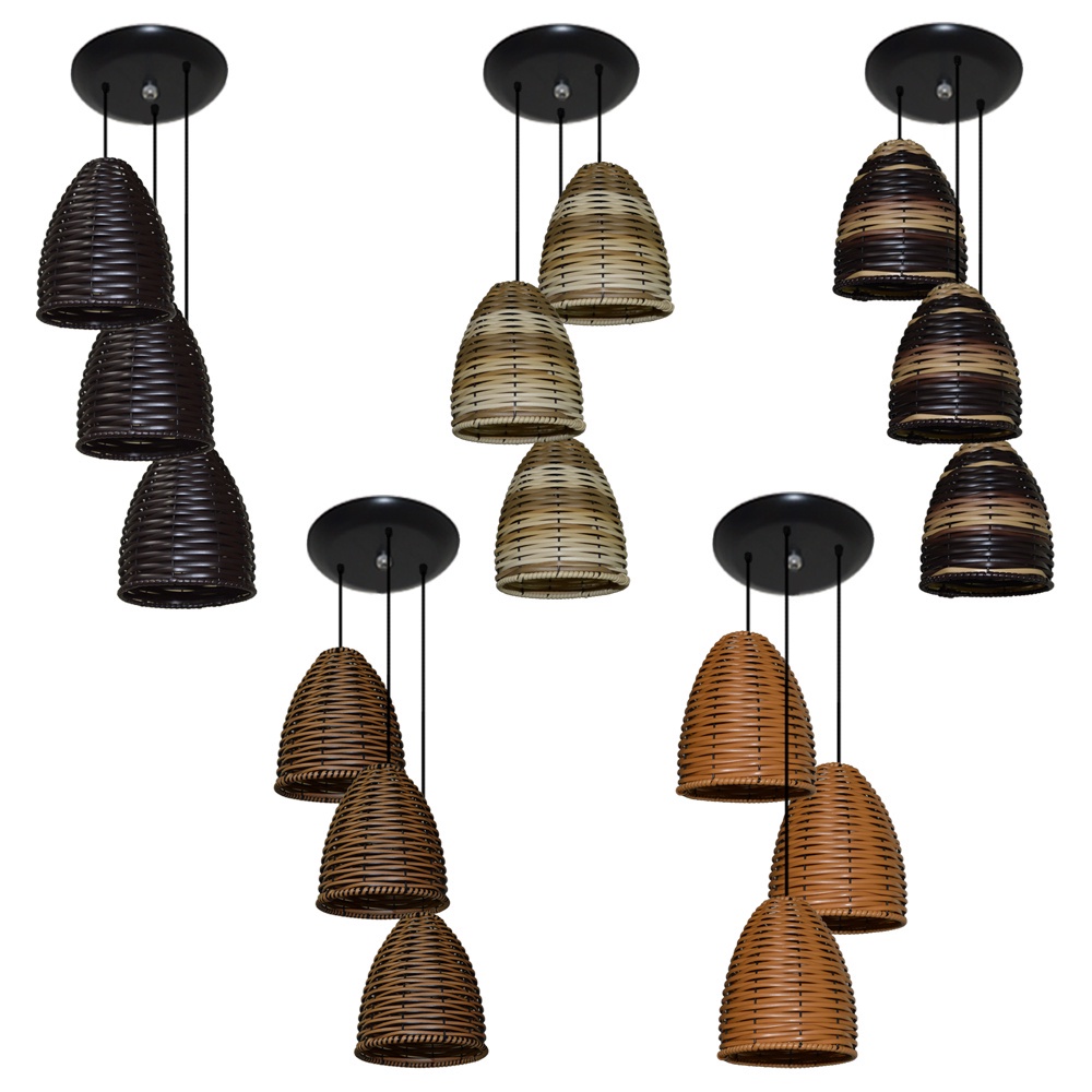 Lustre Pendente Triplo de Junco modelo Sino - Varias Cores - ratan - Vime