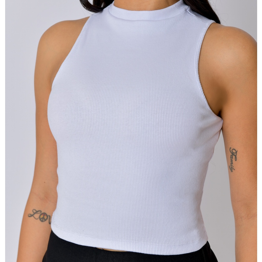 Blusa Cropped Regata Cropped Feminino sem manga Gola Redonda Malha Canelado
