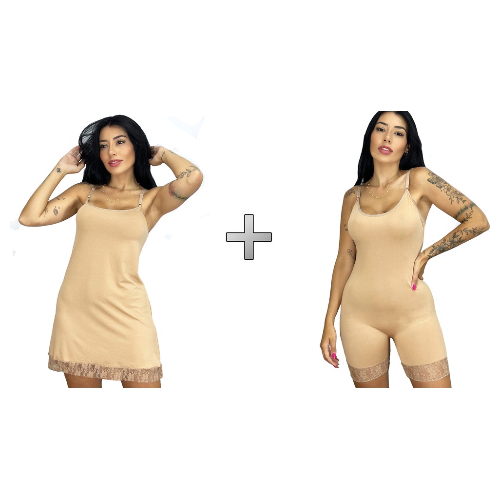 Kit Anágua Segunda Pele Feminino Macacão E Vestido Macaquinho Moda Íntima Conjunto Sobre Pele