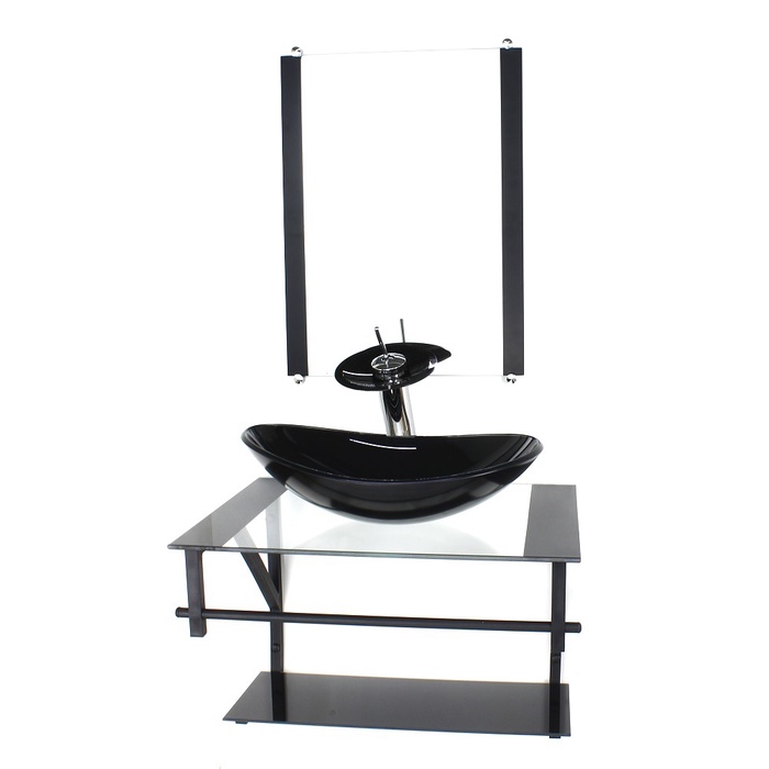 GABINETE DE VIDRO PARA BANHEIRO 50CM AP CUBA OVAL PRETO COM TORNEIRA CASCATA