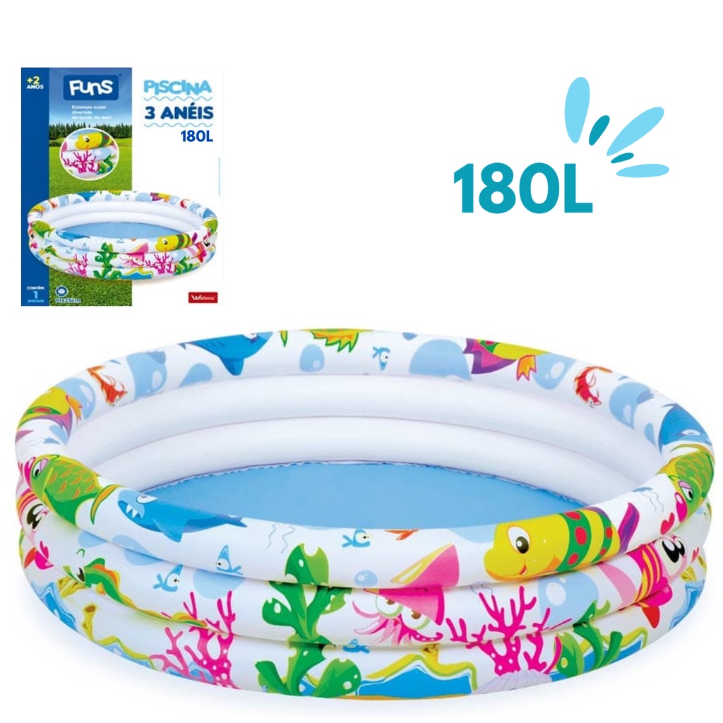 Piscina Infantil Inflável 180L 3 Anéis 107cm Para Água e Bolinhas