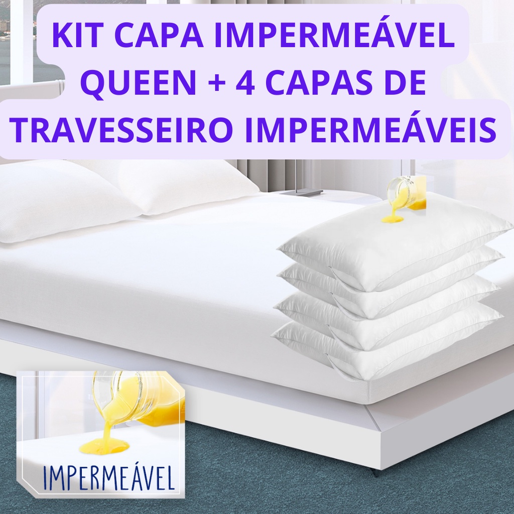 Kit Capa Colchão Impermeável Queen + 4 Capas Travesseiro Impermeáveis