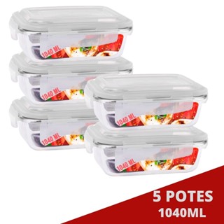 Kit 5 Pote Tampa Hermetica Retangular Vidro 1040ml Multiuso