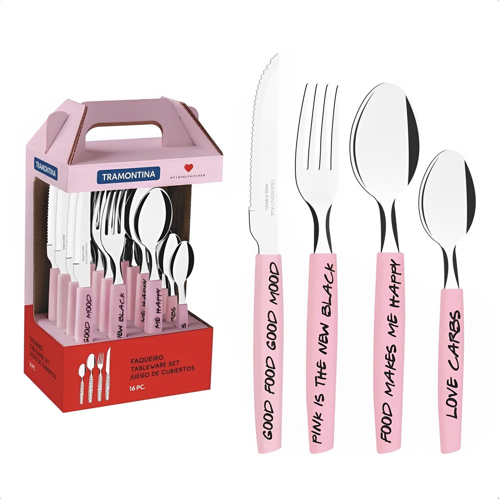 Faqueiro My Lovely Kitchen Rosa Aço Inox Polipropileno 16 Peças Tramontina Kit Cozinha - Home & Living
