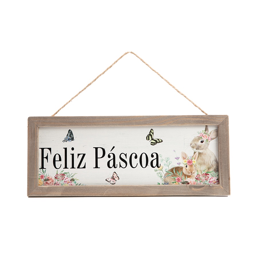Quadro Retangular de Madeira "Feliz Páscoa" Coelhos com Flores - 1 unidade - Cromus - Rizzo