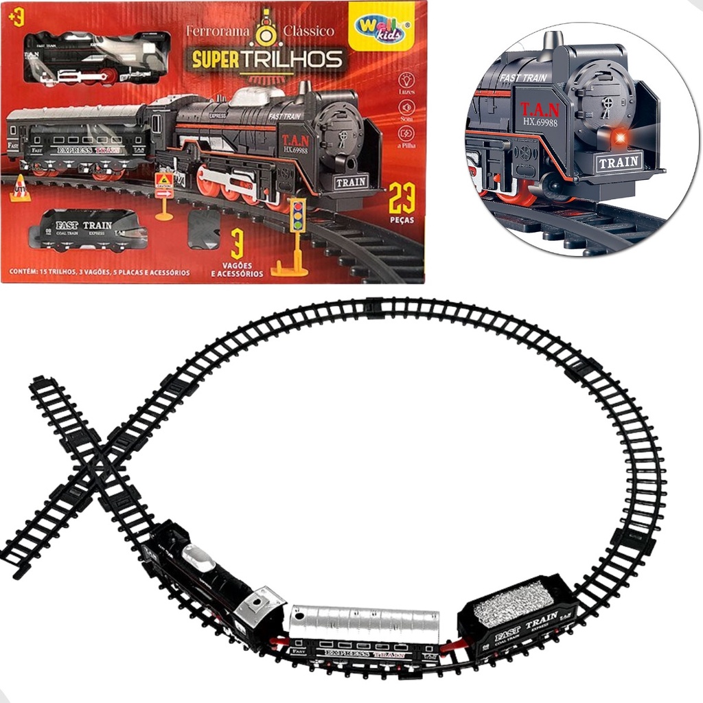 Miniatura Trem Locomotiva 3 Vagões 15 Trilhos com Som e Luz