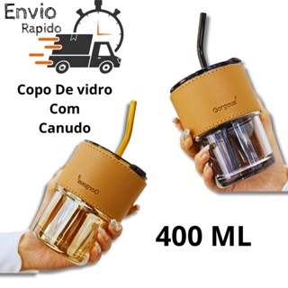 Copo de vidro 400ml com Tampa e Canudo e Capinha Couro Sintético