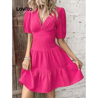 Lovito Casual Vestido Feminino Liso Plissado LNE27096 (Rosa Choque)