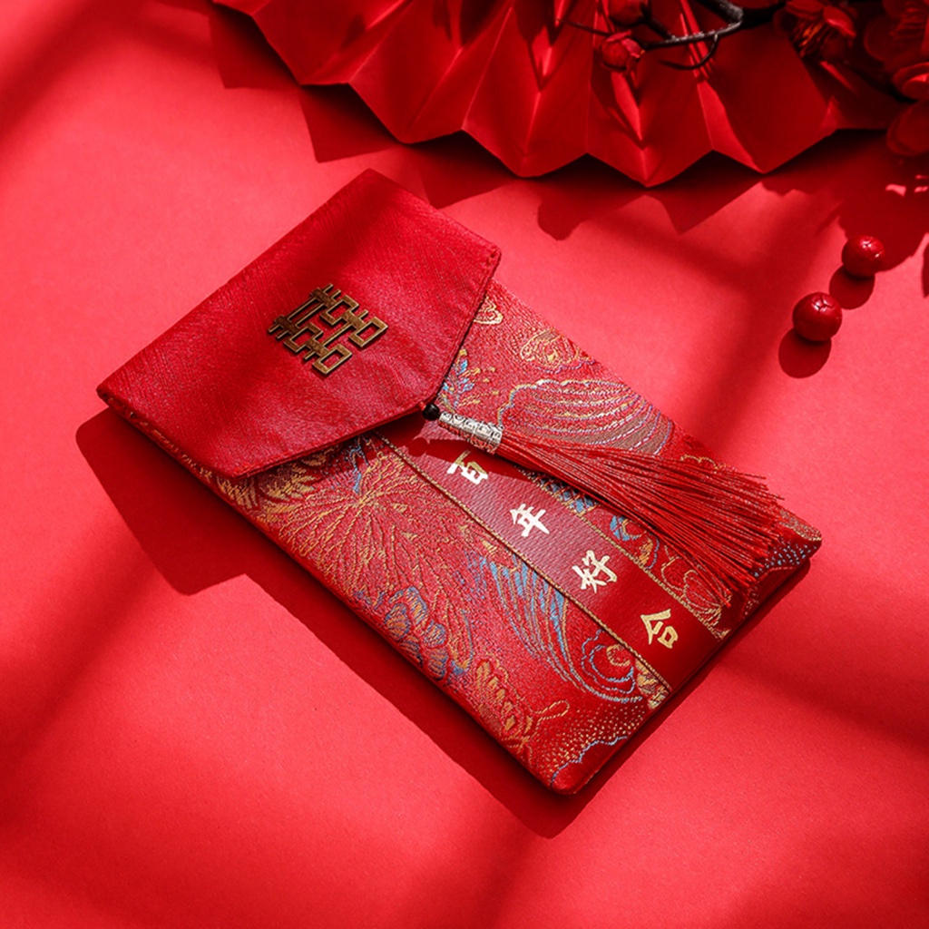 Mobile Phone Jewelry Bag Envelope Wedding Chinese New Year with Dragon Pattern Lucky Money Gift for Lunar Celebration Faux Silk Tassel