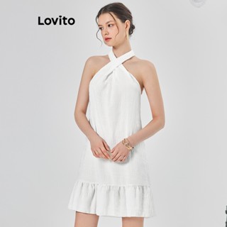 Lovito Casual Vestido Feminino Liso Cruzado L68ED283 (Branco)