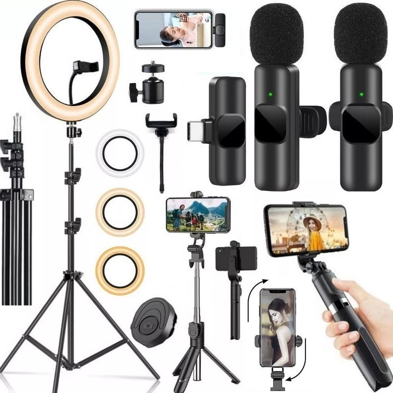 Kit Youtuber Tripé Gravação de Vídeo Luz Anel Led Ring Light + Microfone Sem Fio Para Android Filmagem No Celular Selfie