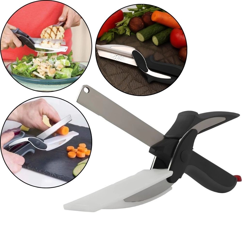 Tesoura Fatiadora 2 em 1 Tábua de Corte Legumes e Verduras