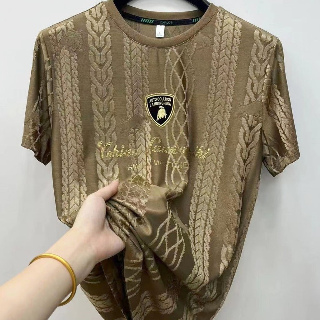 Novo estilo de seda gelo quente diamante manga curta moda masculina meia manga em torno do pescoço camiseta em Oferta na Shopee