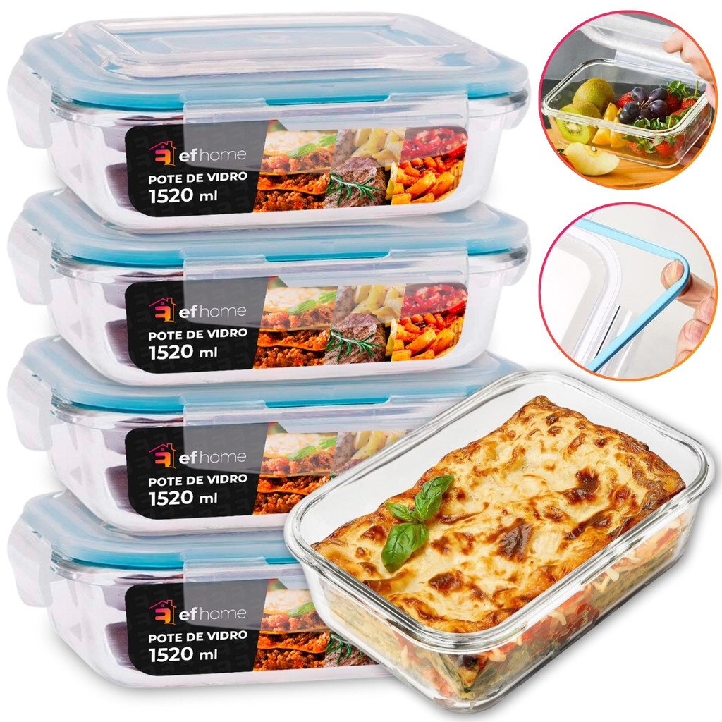 5 Pote 1520ml Vidro Forno Microondas Tampa Hermetica Forte · foto 2