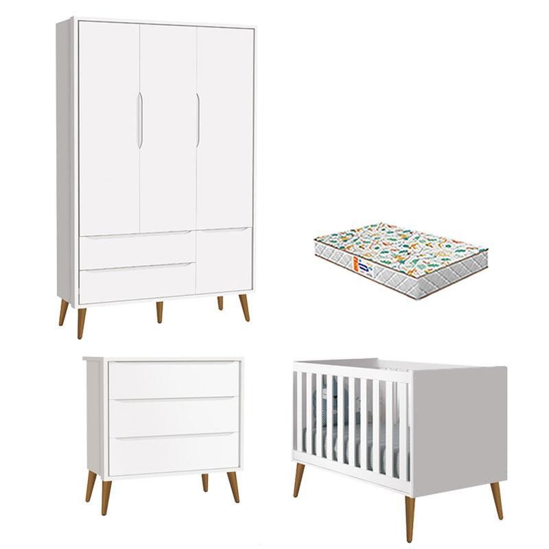Quarto de Bebê 3 Portas e Cômoda Gaveteiro Theo Branco Pés Amadeirados com Colchão Gazin – Reller