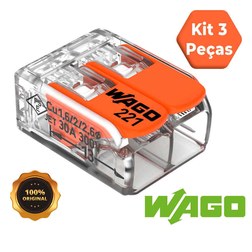 Kit 3 Peças Conector Wago Original 221-612 Emenda Chuveiro 2 polos 6mm 41A Conexão Automática