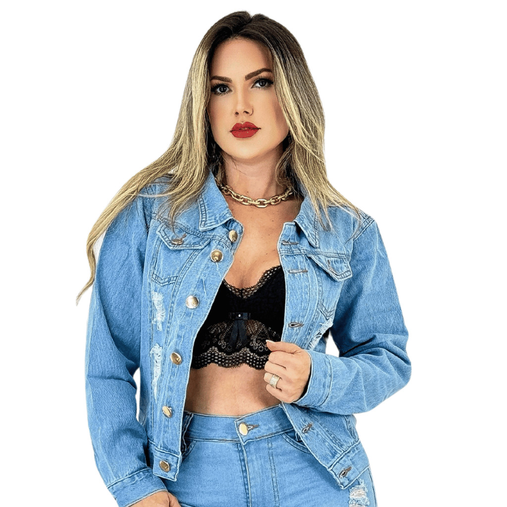 Jaqueta Jeans Feminina Modelo Clássico Azul Claro Fecho de Botão Metálico Tecido Prático e Leve