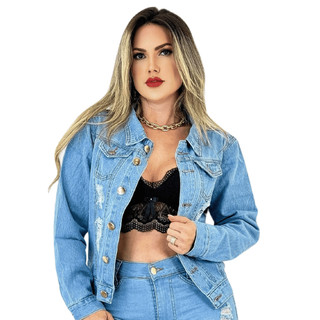 Jaqueta Jeans Feminina Modelo Clássico Azul Claro Fecho de Botão Metálico Tecido Prático e Leve
