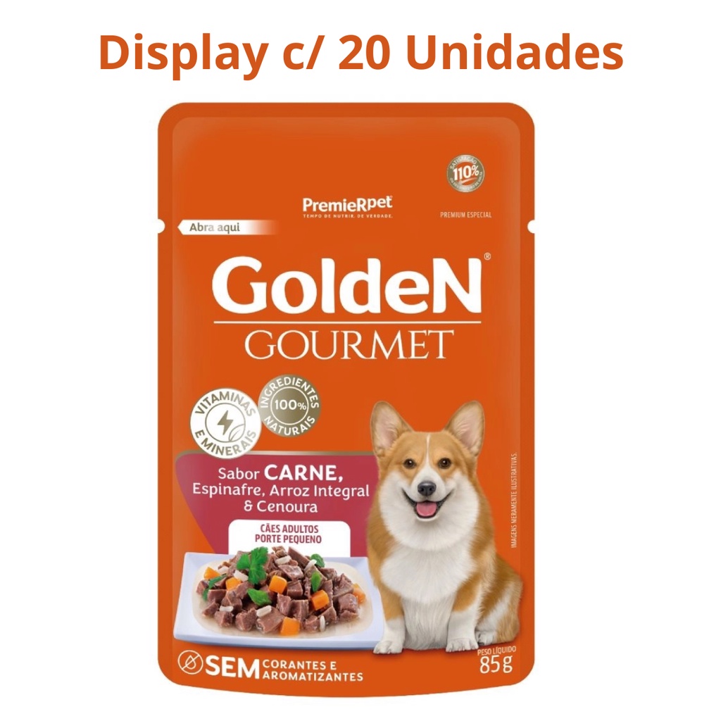 Sache Golden Gourmet Cães Adutos Raças Pequenas Carne, Espinafre, Arroz e Cenoura 85g - Display com 20 Unidades