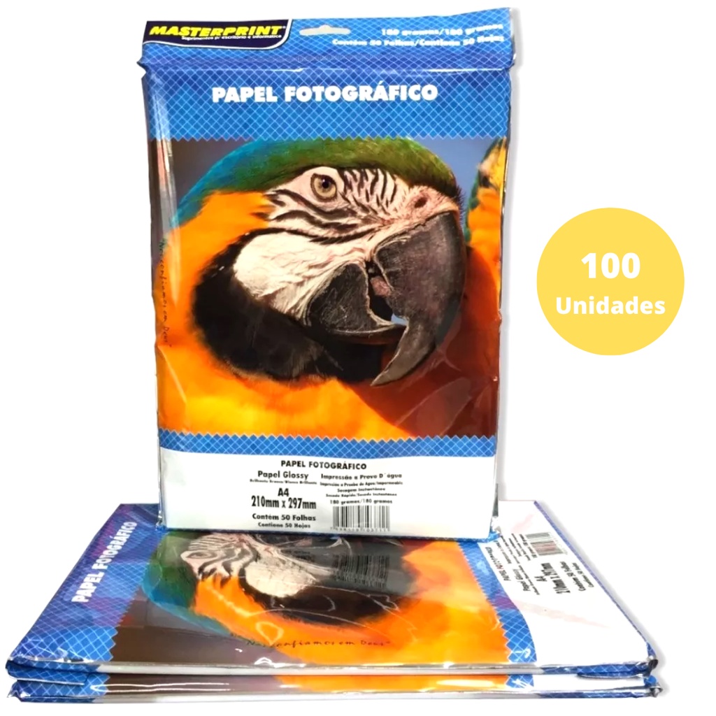 Papel Fotográfico Premium Glossy A4 180g Brilho 100 Folhas Masterprint Foto Brilhante Impressora Jato Tinta Oferta High