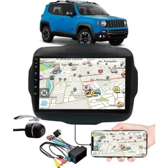 Multimídia 9" Polegadas Jeep Renegade Espelhamento USB Bluetooth Moldura Painel Interface Volante Chicotes Câmera de Ré
