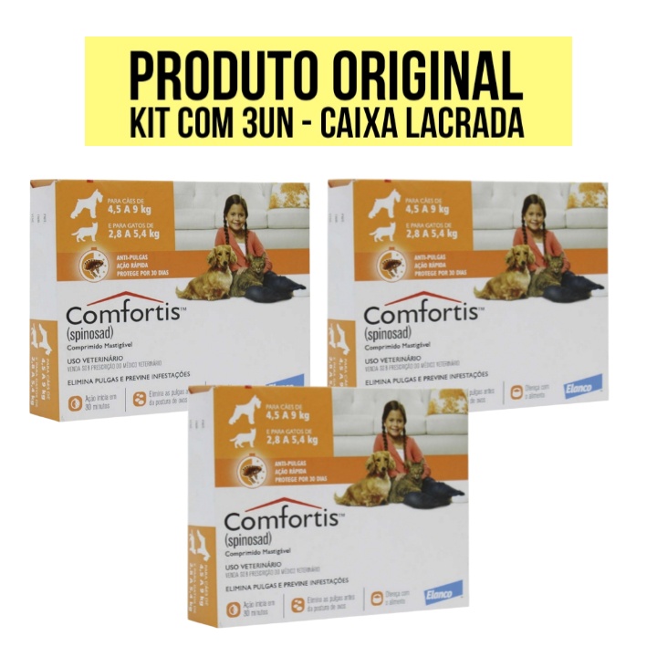 Antipulgas Para Cachorro Gato Pet Comfortis 3 Comprimidos Cães 4,5 A 9kg Gatos 2,8 A 5,4 Kg