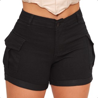 Short Feminino Cargo Com Lycra Jeans Cintura Alta