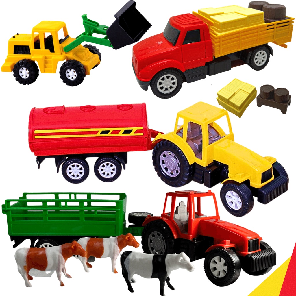 Kit Fazendinha Brinquedos Miniaturas Trator com 3 Bois + Mini Caminhão Carga Acessórios + Mini Trator Escavadeira