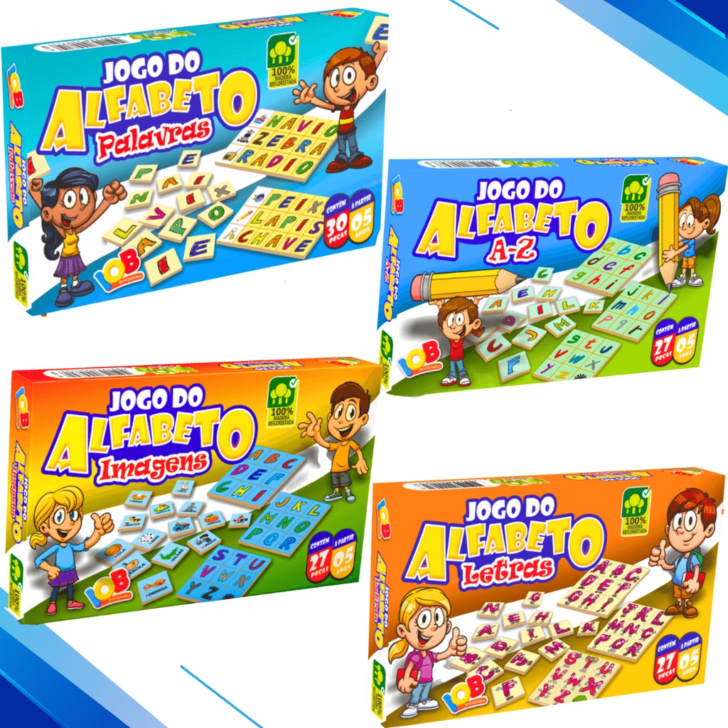 Kit 4 Brinquedos Pedagógicos Didáticos Alfabeto Imagens Letras A-Z Palavras Jogos Dominó Educativo