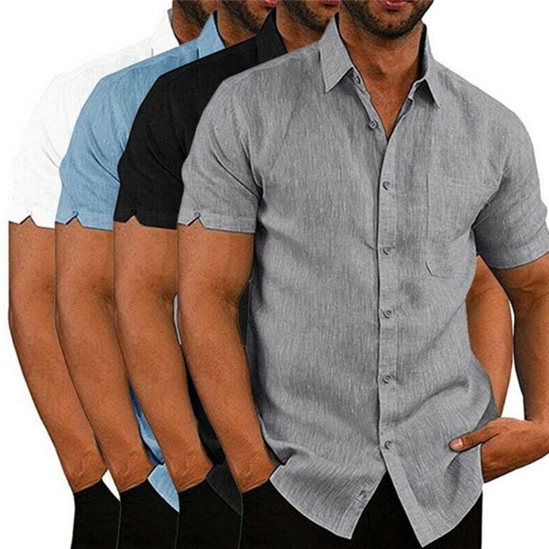 S-3XL Camisas de manga curta Camisas masculinas Venda quente Lapela de verão Cor sólida Botão de manga curta Camisas mas