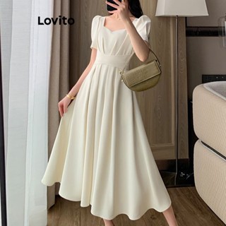 Lovito Vestido Elegante Liso Drapeado Em Linha A Para Mulheres LNE34109 (Off White)