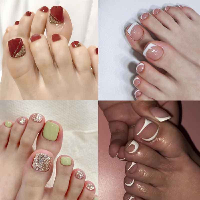 24 Peças Unhas postiças para os pés  Com Cola Brilhantes Unhas Falsas Decoradas Para Os Pés