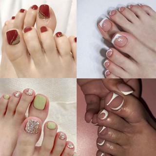 24 Peças Unhas postiças para os pés Com Cola Brilhantes Unhas Falsas Decoradas Para Os Pés em Oferta na Shopee