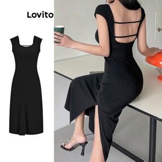 Lovito Casual Vestido Feminino Liso com Fenda Traseira e Costas Abertas L68ED173 (Preto)