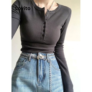 Lovito Casual Camiseta Feminina Lisa Básica com Botão LNA26026 (Cinza)