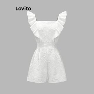 Lovito Boho Macacão Feminino Liso de Jacquard com Babados L71ED207 (Branco)