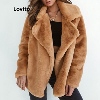 Lovito Casual Casaco Feminino Liso de Pelúcia Quente com Gola Lapela e Manga Comprida Aberto na Frente LNX07220 (Marrom Mocha/Preto)