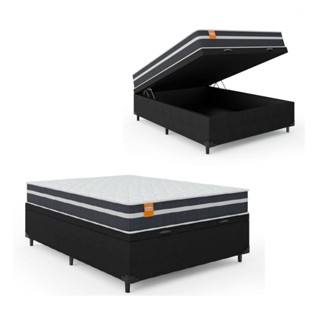 Cama Box Baú Casal Colchão Molas Qatar 138x188x63cm Branco / Preto - Suporta até 150Kg Por Pessoa