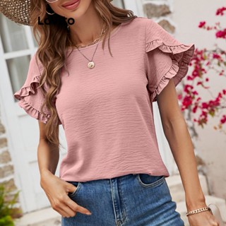 Lovito Blusa Casual Simples Com Babados Para Mulheres LNL34016 (Branco/Rosa/Verde)