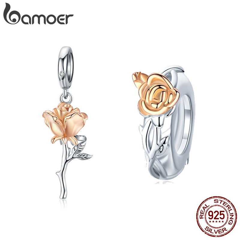 BAMOER 3D Rose Gold Color Charms Rose Flower Pendant 925 Sterling Silver em Oferta na Shopee