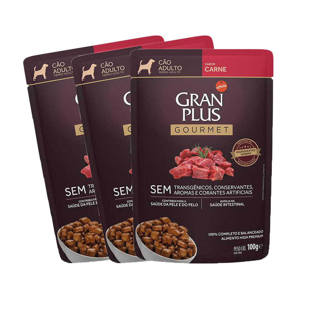 KIT 3 Ração Úmida Gran Plus Gourmet Cães Adultos Carne 100g em Oferta na Shopee
