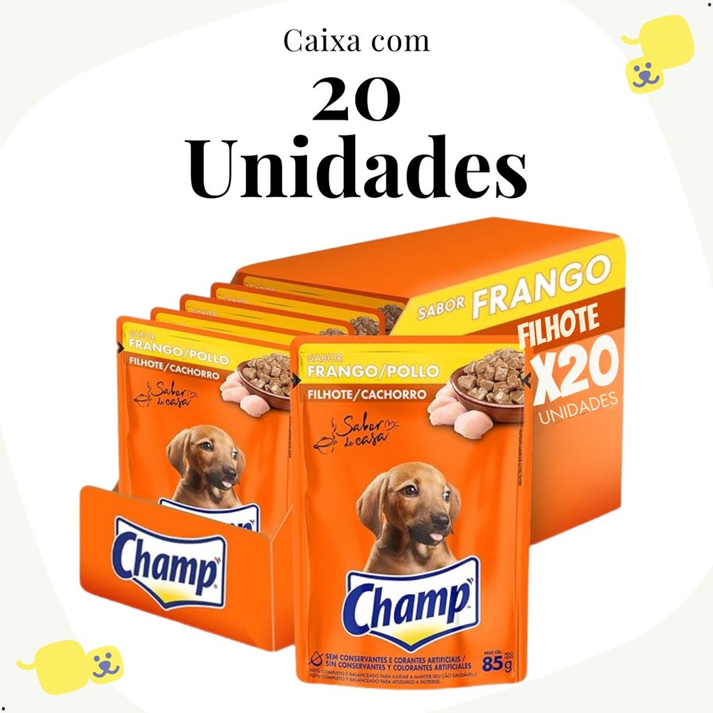 Kit 20 Sachês Champ Caseiro Cães Filhotes Alimento Úmido Sabor Frango 85g Cachorro Sem Conservantes