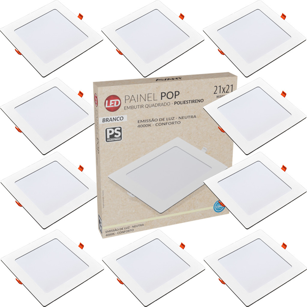 Kit 10 Painel Plafon Quadrado Embutir 18W Luz Neutra 4000K Luminária de Gesso Forro 127v 220v Avant